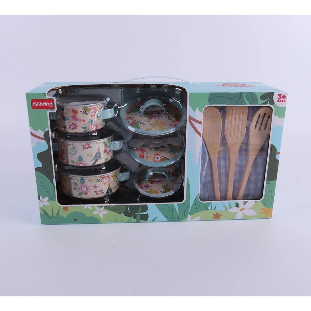 Okiedog Dinosaur & Pink Flower Square Pan Kitchen Set - Mainan Masakan Anak Motif Bunga & Dinosaurus