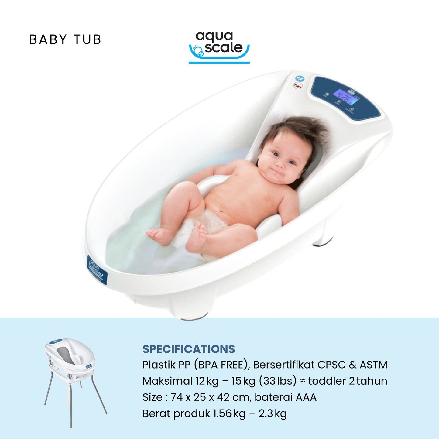 AquaScale 3in1 – Bak Mandi Bayi Digital + Timbangan & Termometer