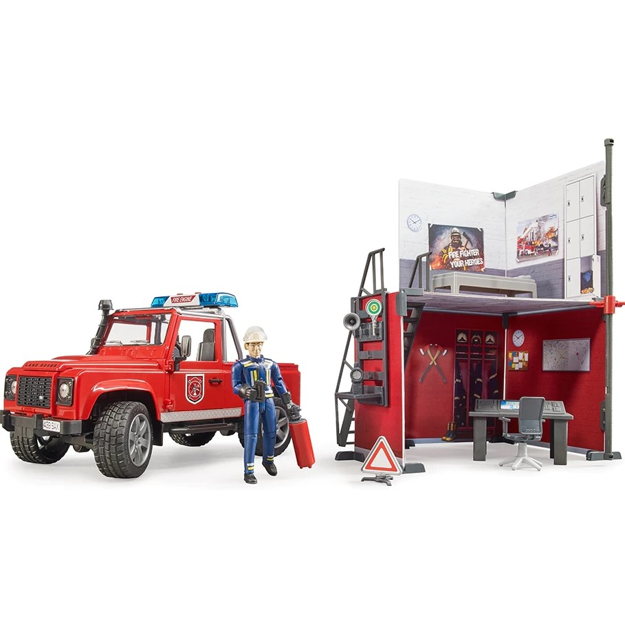 Bruder 62701 Bworld Fire Station with Land Rover Defender - Mainan Miniatur Pemadam Kebakaran