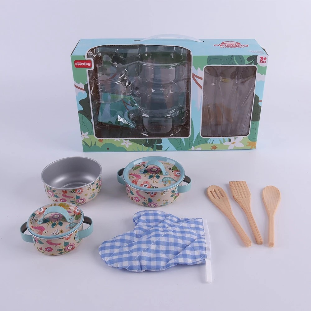 Okiedog Dinosaur & Pink Flower Square Pan Kitchen Set - Mainan Masakan Anak Motif Bunga & Dinosaurus