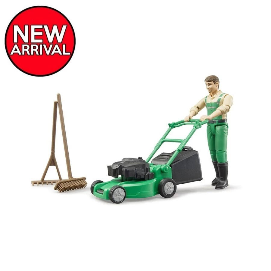 Bruder 62103 Bworld Gardener with Lawn Mower & Equipment - Mainan Miniatur Tukang Kebun & Mesin Pemotong Rumput