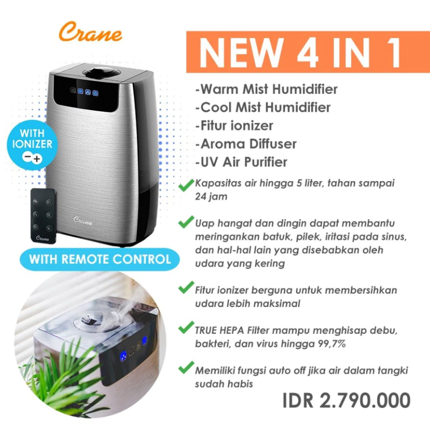 Crane 4in1 Humidifier + Air Purifier with ionizer and remote control - Pelembab dan Pembersih Udara