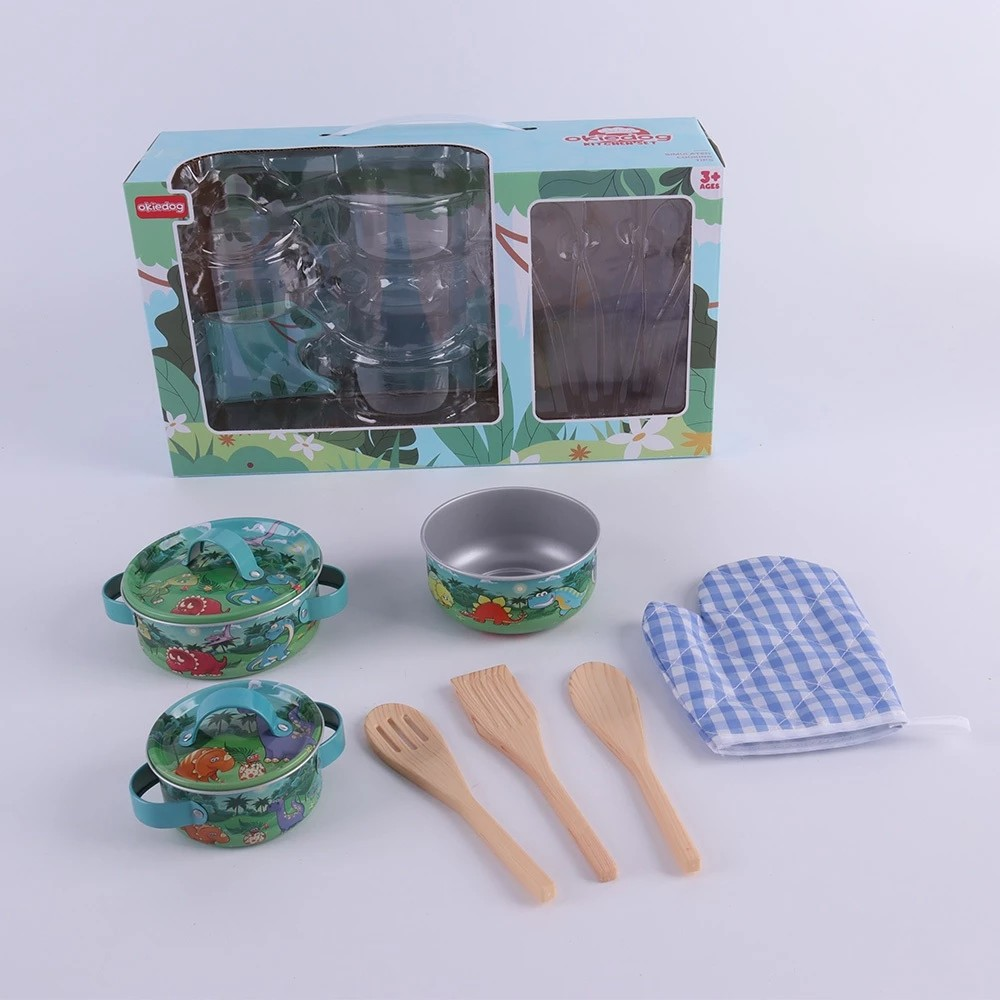 Okiedog Dinosaur & Pink Flower Square Pan Kitchen Set - Mainan Masakan Anak Motif Bunga & Dinosaurus