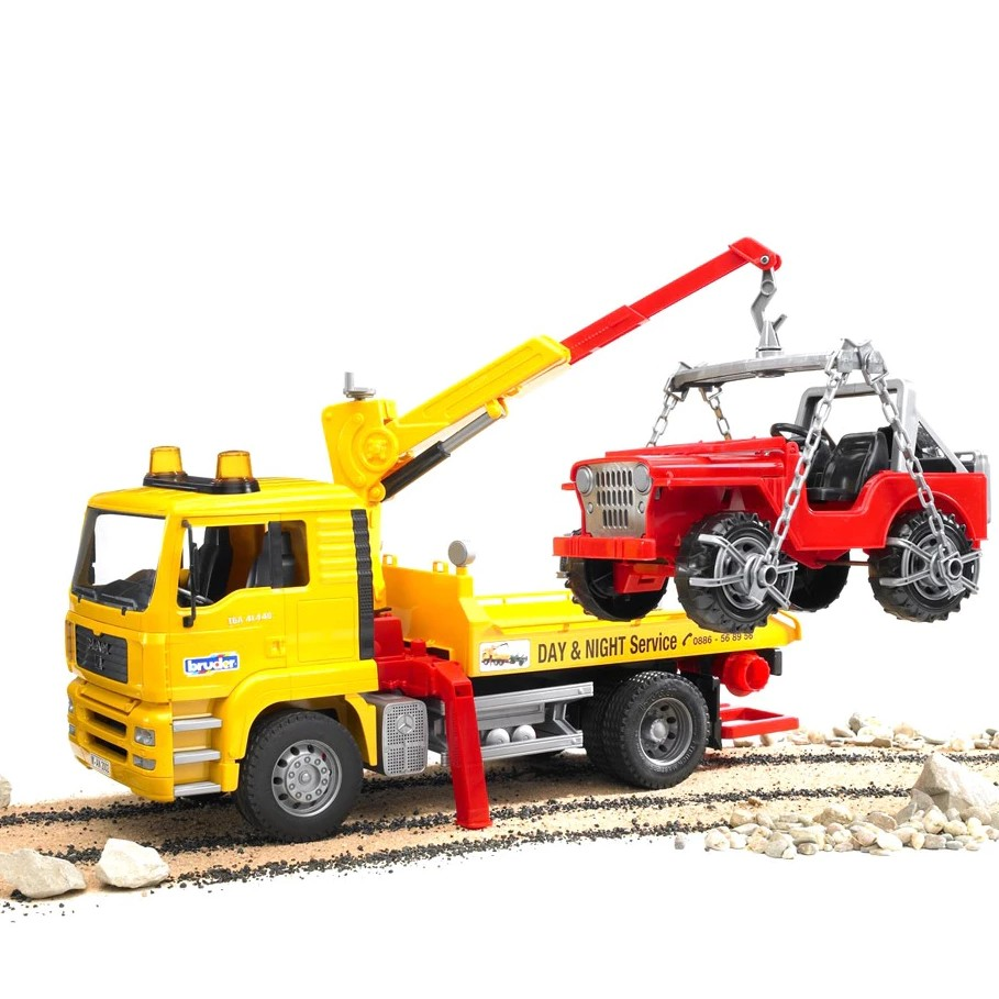 Bruder 2750 MAN TGA Breakdown Truck with Cross Country Vehicle - Mainan Miniatur Truk Derek
