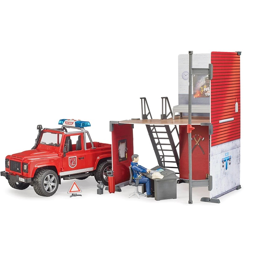 Bruder 62701 Bworld Fire Station with Land Rover Defender - Mainan Miniatur Pemadam Kebakaran