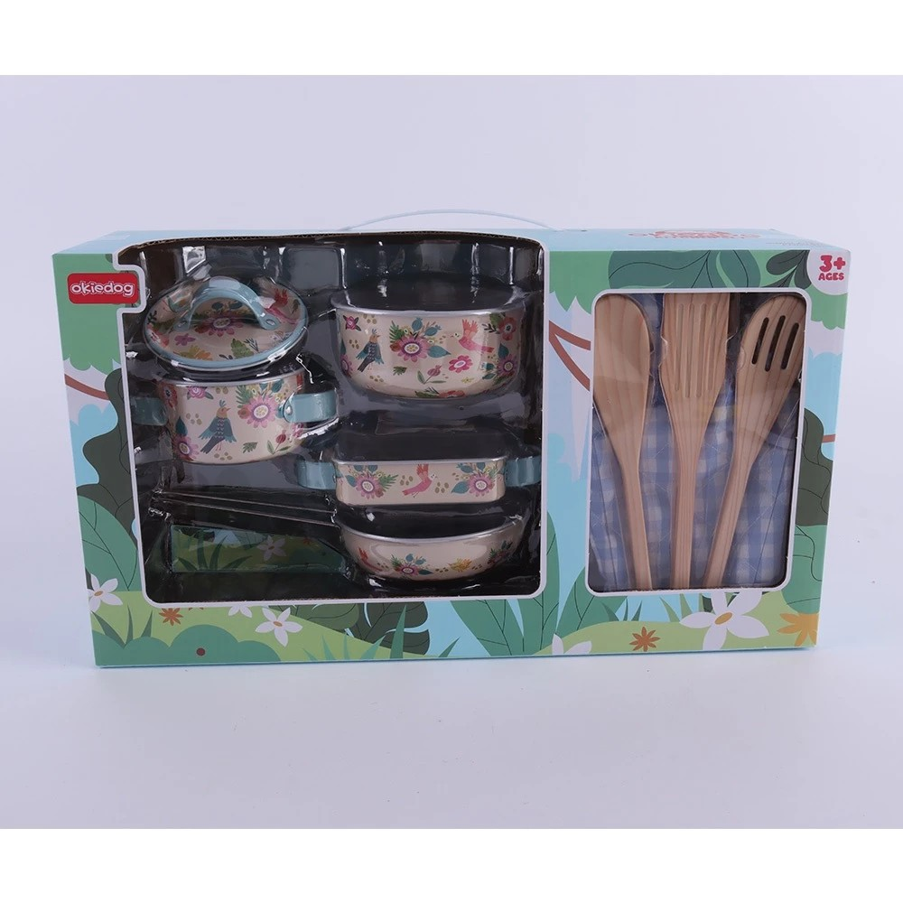 Okiedog Dinosaur & Pink Flower Square Pan Kitchen Set - Mainan Masakan Anak Motif Bunga & Dinosaurus