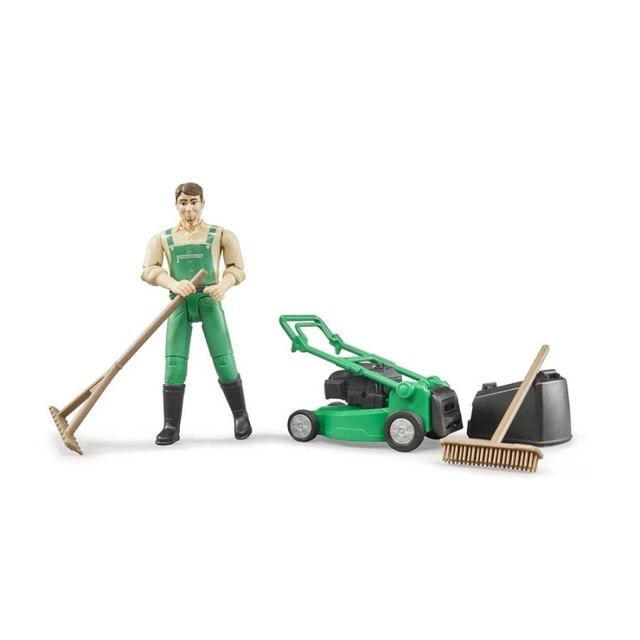 Bruder 62103 Bworld Gardener with Lawn Mower & Equipment - Mainan Miniatur Tukang Kebun & Mesin Pemotong Rumput