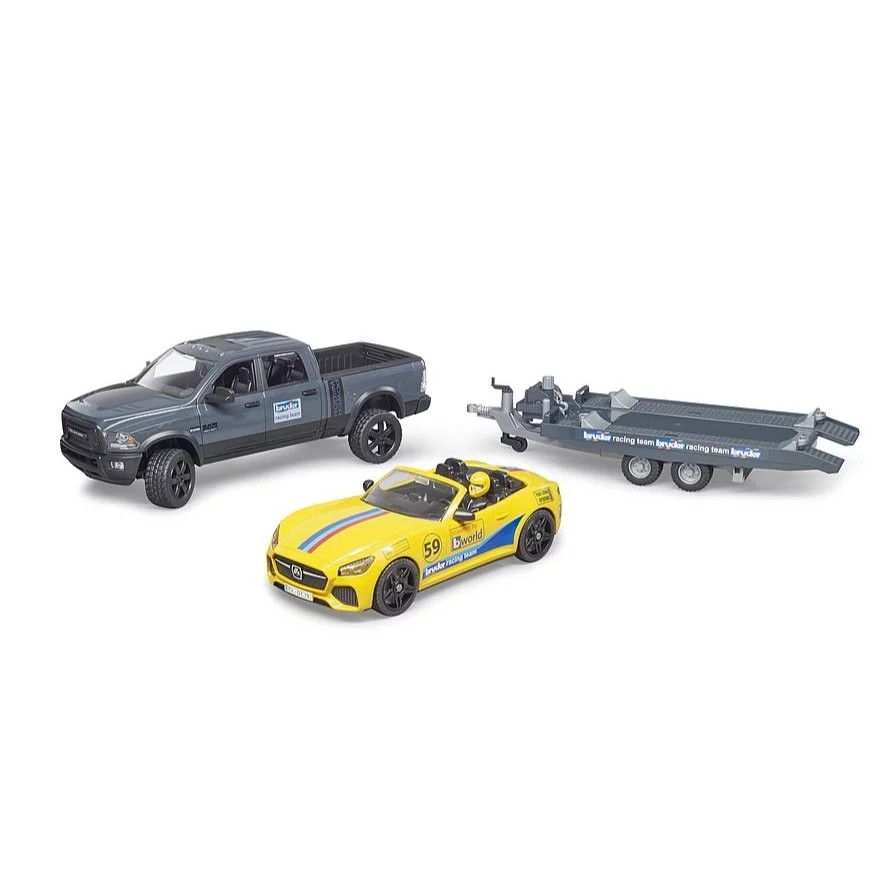 Bruder 2504 RAM 2500 Power Wagon + Bruder Roadster Racing Team - Mainan Miniatur Mobil Balap