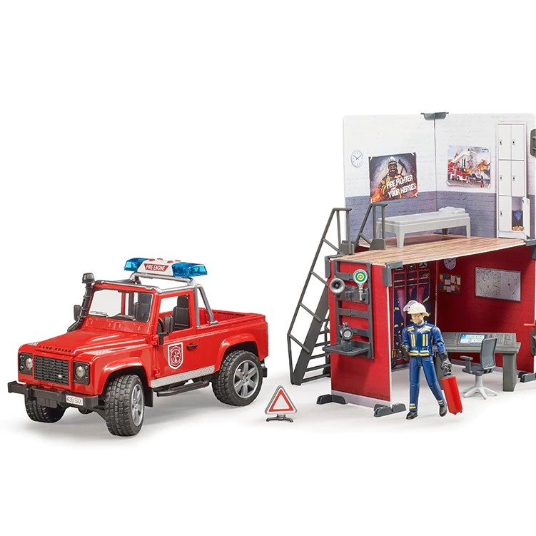 Bruder 62701 Bworld Fire Station with Land Rover Defender - Mainan Miniatur Pemadam Kebakaran