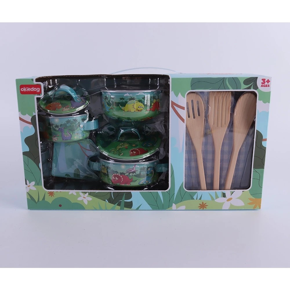 Okiedog Dinosaur & Pink Flower Square Pan Kitchen Set - Mainan Masakan Anak Motif Bunga & Dinosaurus