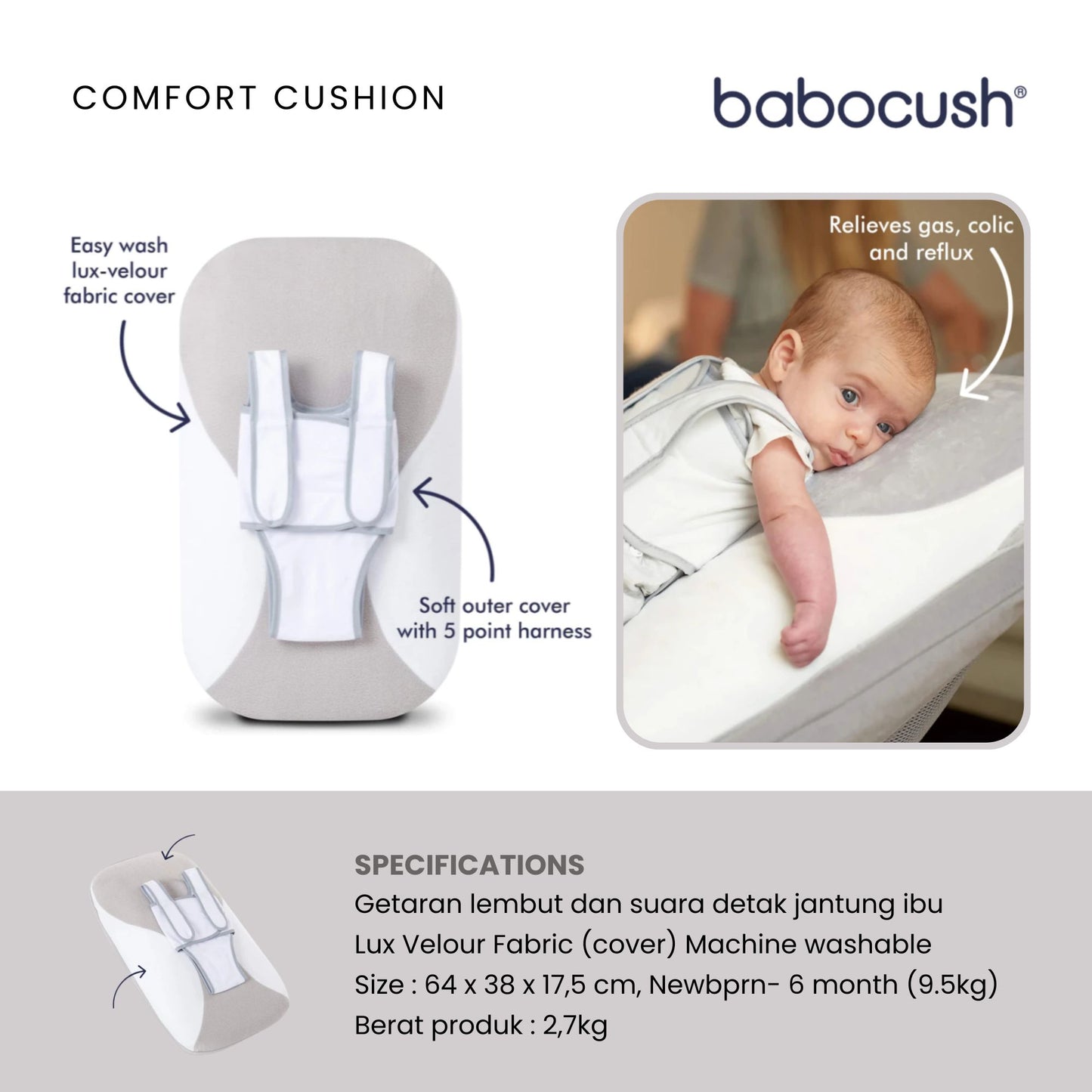 Babocush Newborn Comfort Cushion - Kasur anti kolik terdapat suara detak jantung dan getar