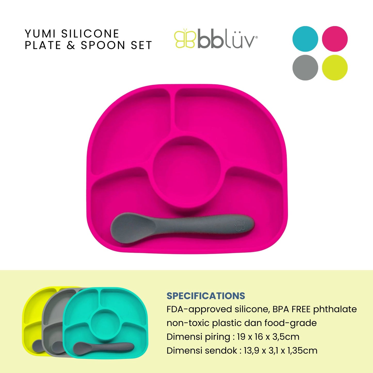 Bbluv Yumi Silicone Plate & Spoon Set - Perlengkapan Makan Anak Praktis dan Anti Tumpah