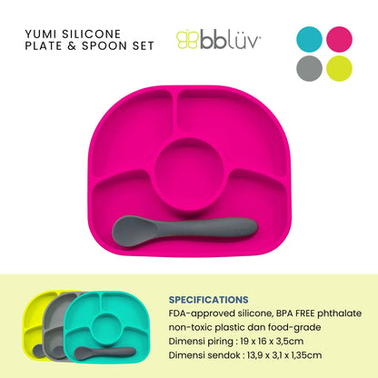 Bbluv Yumi Silicone Plate & Spoon Set - Perlengkapan Makan Anak Praktis dan Anti Tumpah