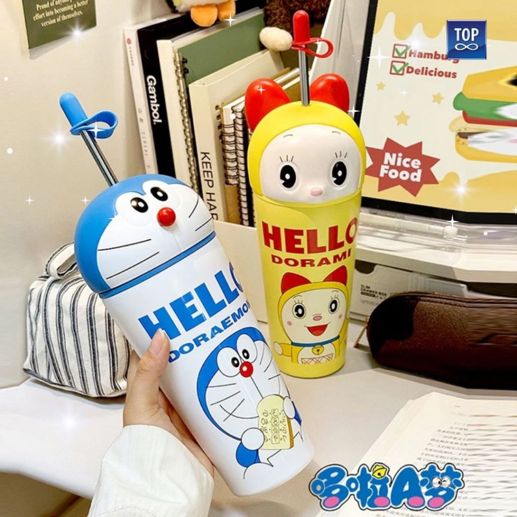 Doraemon Stainless Steel Thermos Bottle 500ml with Straw - Botol Minum Doraemon 500ml