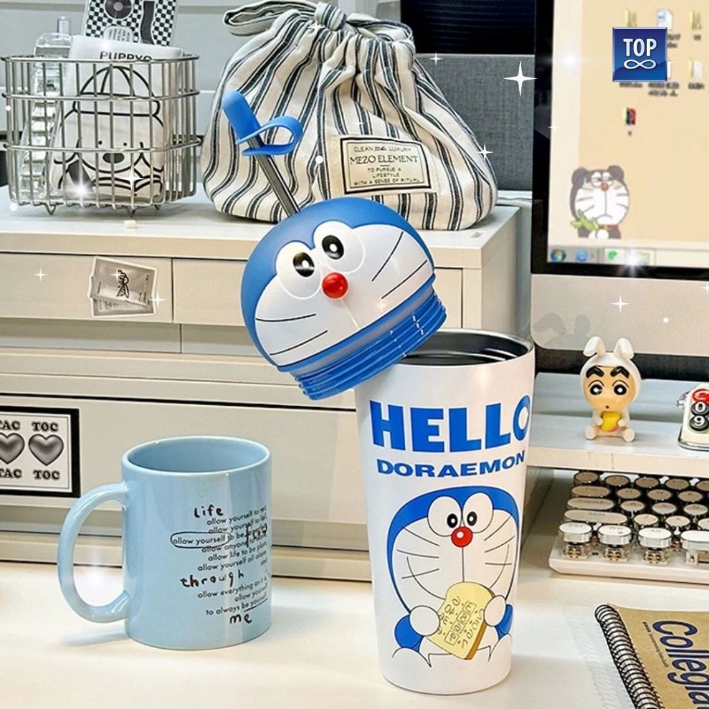 Doraemon Stainless Steel Thermos Bottle 500ml with Straw - Botol Minum Doraemon 500ml