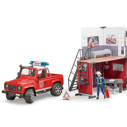 Bruder 62701 Bworld Fire Station with Land Rover Defender - Mainan Miniatur Pemadam Kebakaran